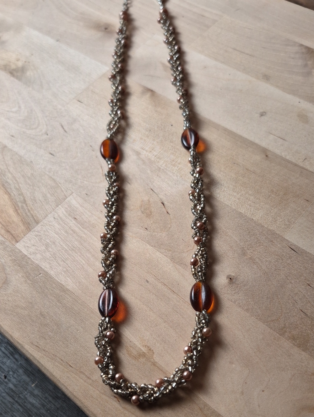 Braided Bead Necklace with Amber Glass Accents